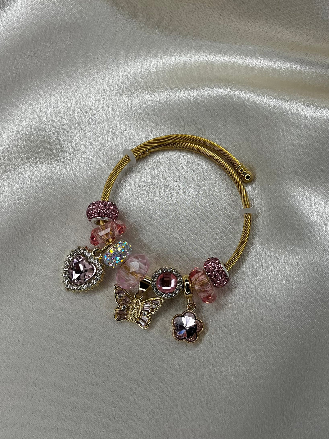 pink and gold virgencita butterfly charm bracelet