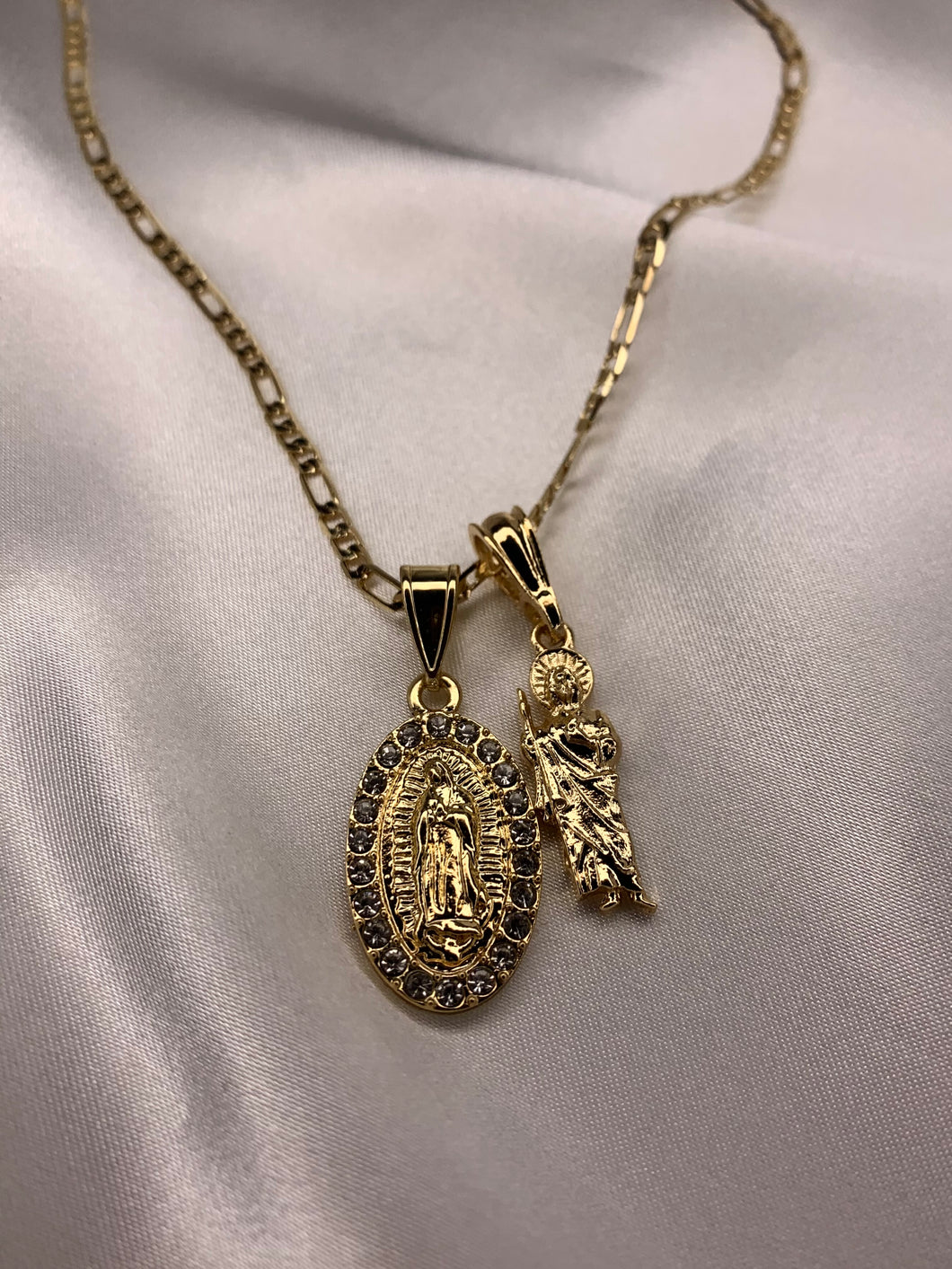 Mini Gold San Judas and White Stone Virgencita Set