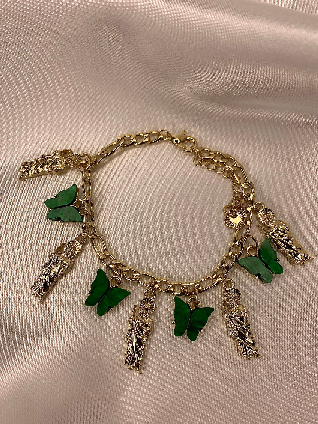 San Judas Charm Bracelet/Anklet with Green Butterfly