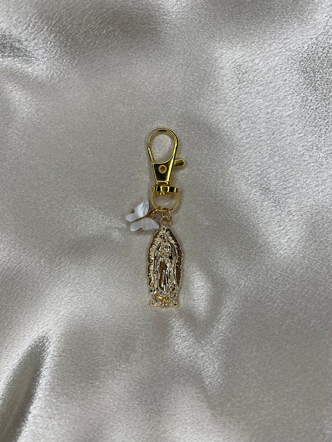 virgencita with white butterfly protection keychain