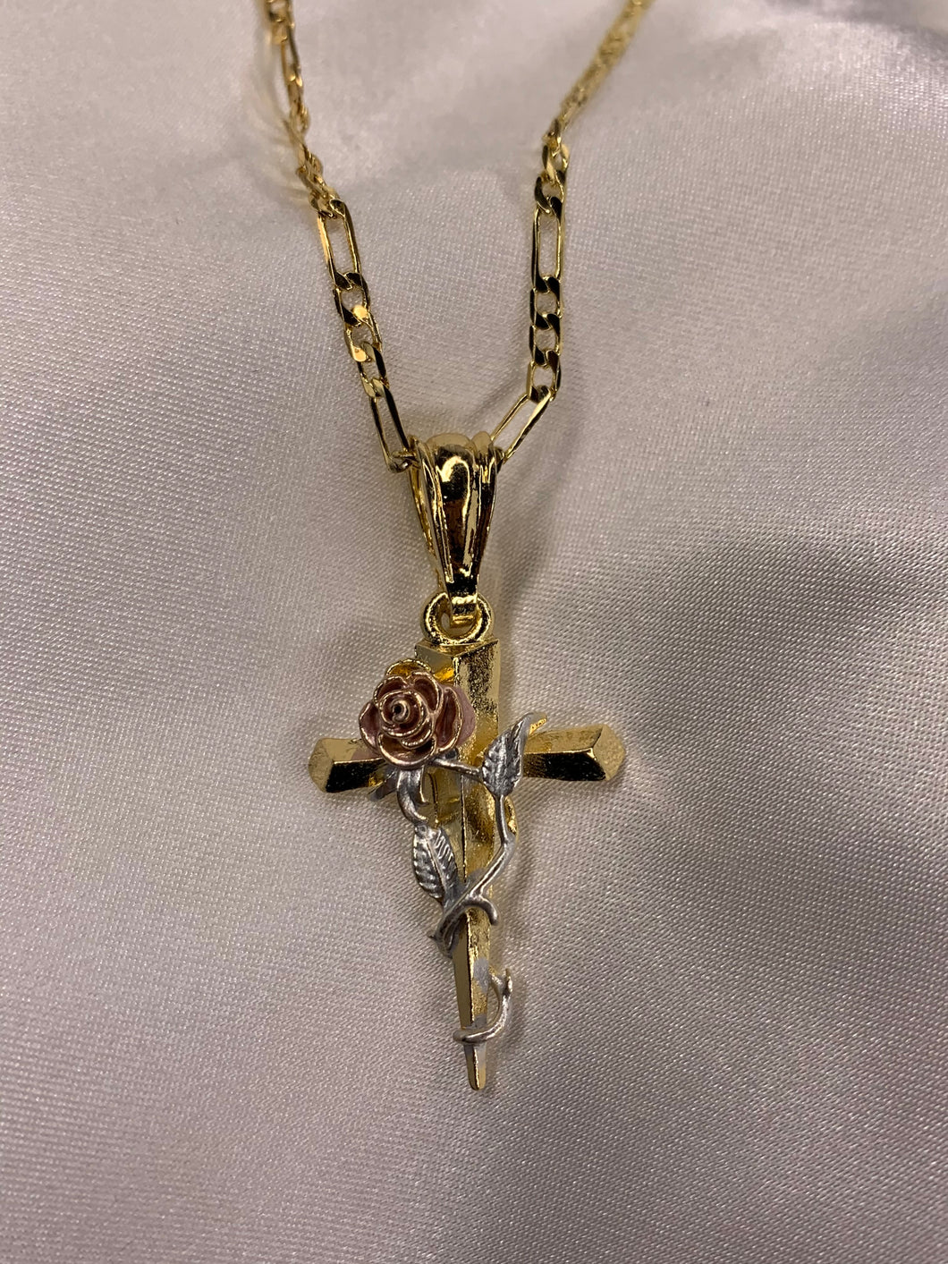 Cross with Silver and Rose Gold Rose Necklace